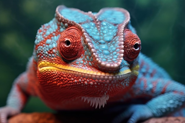 Portrait de caméléon rouge et bleu amical