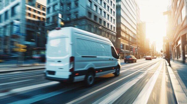 Photo portrait d'une camionnette en marche dans la rue d'une ville moderne ia générative