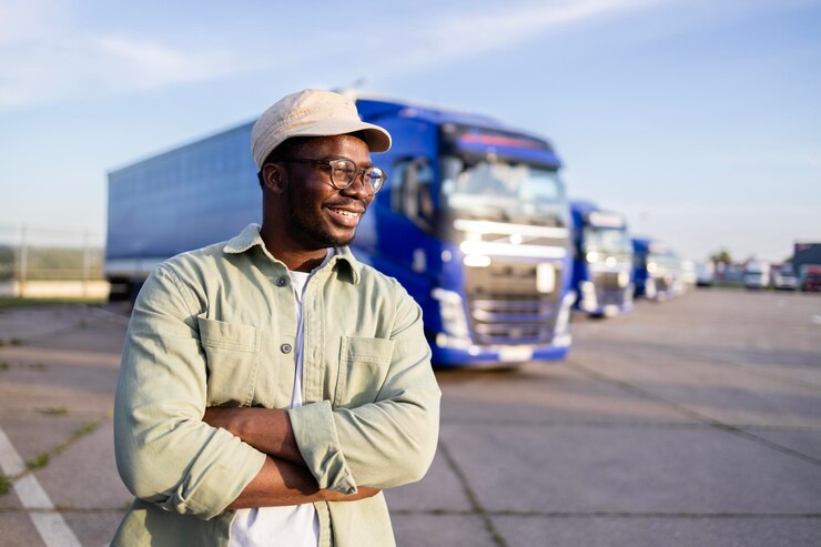 Portrait d'un camionneur joyeux debout à côté de son camion prêt à être transporté