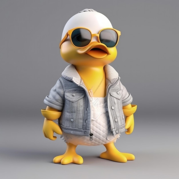 Portrait de canard de dessin animé 3D portant des vêtements lunettes chapeau et veste debout devant