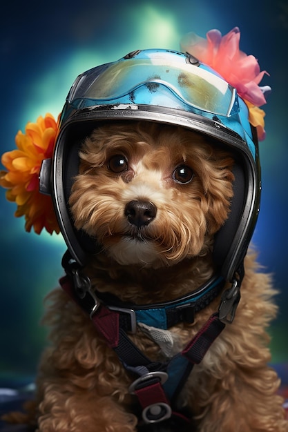 Un portrait d'un caniche avec le costume de Buzz Lightye.