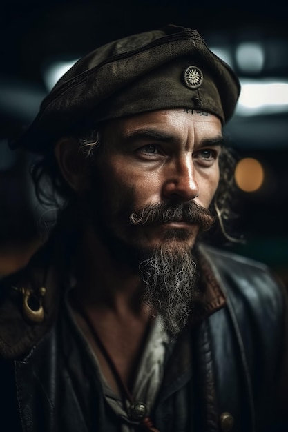 Portrait d'un capitaine pirate en costume et chapeau sur un navire médiéval Generative AI