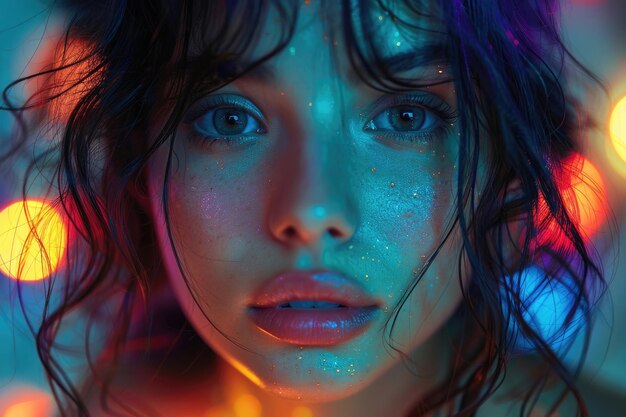 Un portrait captivant éclairé par des néons vibrants
