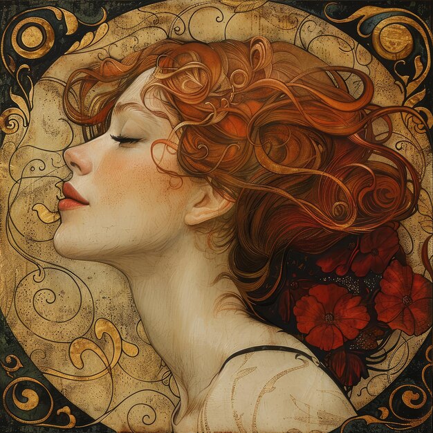 Portrait captivant d'une fille ornée dans le style enchanteur de l'art nouveau incarnant la grâce et l'attrait de ce mouvement artistique intemporel un mélange fascinant d'élégance et de détails complexes