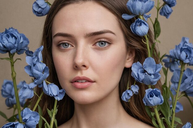 Un portrait captivant d’une jeune femme aux élégants iris bleus