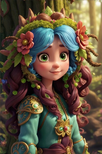 Portrait captivant d'une princesse tribale ornée de fineries naturelles avec une couronne de feuilles émettant une élégance sauvage et une beauté naturelle.