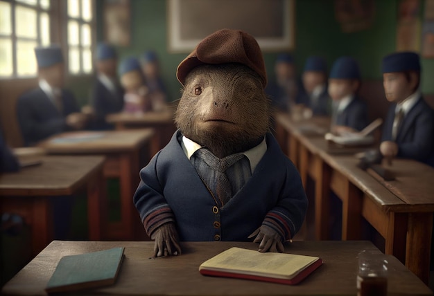Photo portrait d'un capybara anthropomorphe habillé en écolier dans une salle de classe generate ai