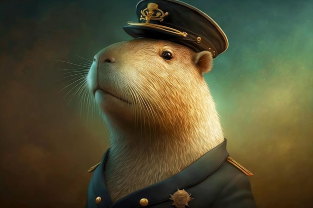 Portrait de capybara habillé en capitaine de marine à la barre ai générative
