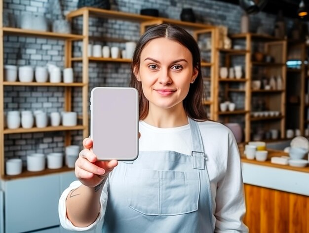 Portrait d'une céramiste prospère dans son magasin Une femme d'affaires heureuse gérant un magasin de produits en terre cuite à la main