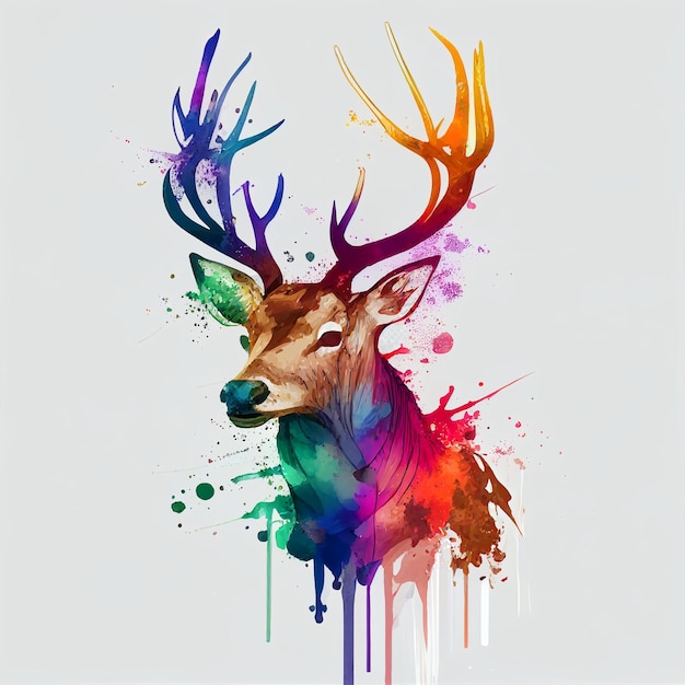 Portrait d'un cerf avec des bois de cerf peinture aquarelle sur fond blanc IA générative