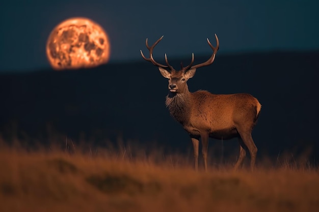 Portrait de cerf rouge mâle vous regardant gros plan portrait sur fond noir IA générative