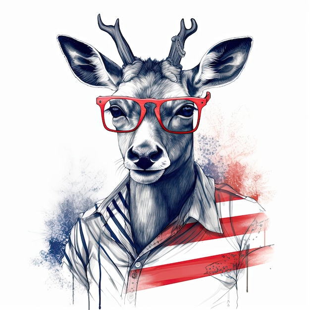 Portrait de cerf en t-shirt rouge rayé avec des lunettes Generative AI