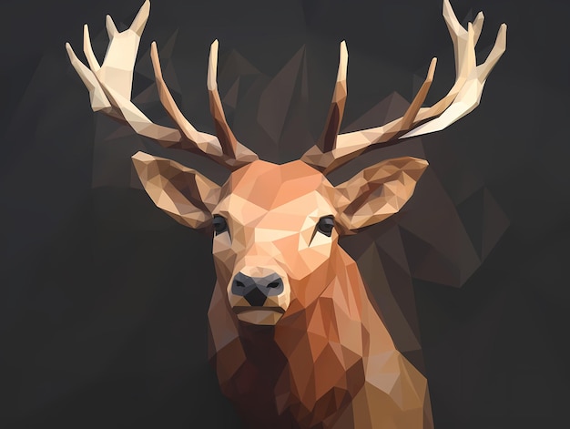 Portrait d'un cerf ou d'un wapiti dans un style low poly sur un fond sombre généré par l'IA