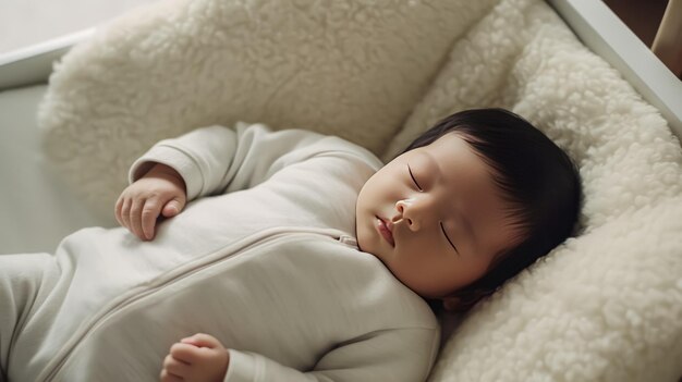 portrait d'un charmant bébé endormi avec un mignon ours en peluche sur un lit confortable