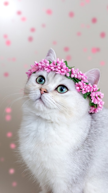 Portrait d'un charmant chat gris portant une couronne de fleurs roses