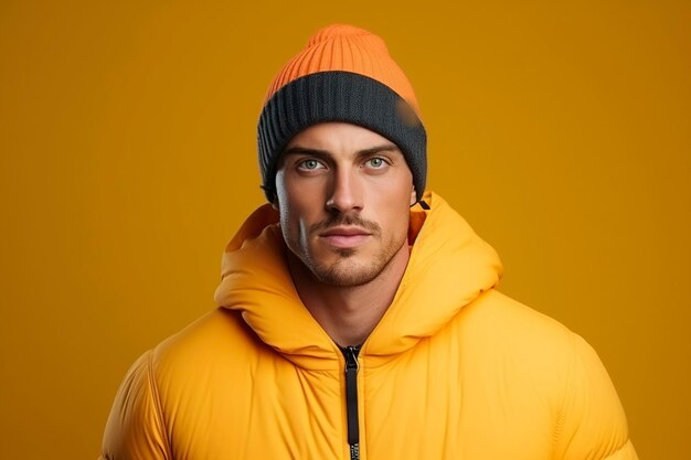 Portrait d'un charmant mannequin masculin portant une nouvelle collection de vêtements chauds et élégants pour hommes