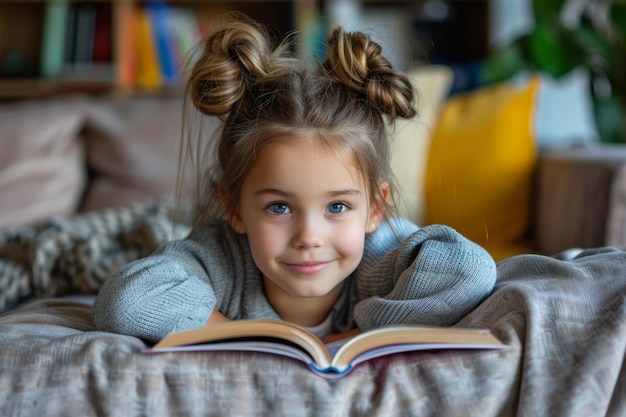 Portrait d'une charmante fille assise confortablement sur un canapé en lisant un livre et en regardant la caméra