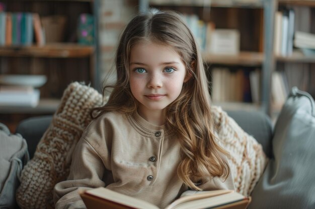 Portrait d'une charmante fille assise confortablement sur un canapé en lisant un livre et en regardant la caméra