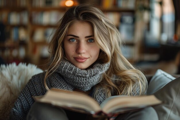 Portrait d'une charmante fille assise confortablement sur un canapé en lisant un livre et en regardant la caméra