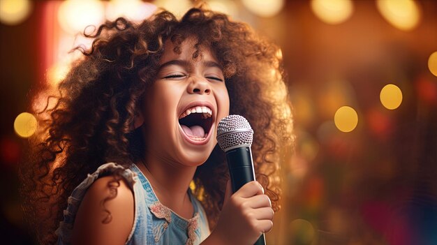 Photo portrait d'une charmante fille qui chante du karaoké