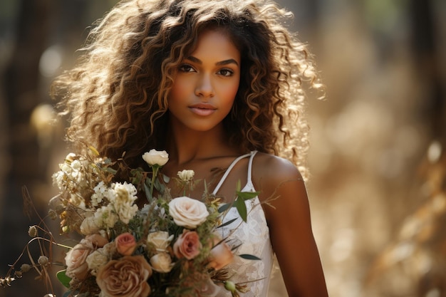 Portrait d'une charmante mariée africaine sur le fond de la nature tenant un luxueux bouquet de boho dans ses mains