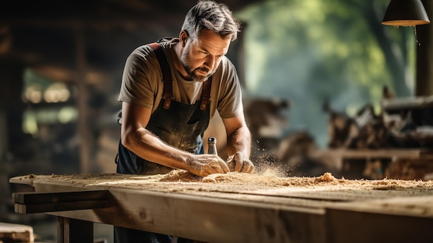 Portrait d'un charpentier travaillant dans sa région avec un grand espace de copie IA générative