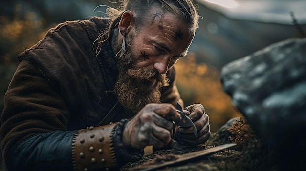 Portrait d'un chasseur barbu travaillant avec des outils dans les mains