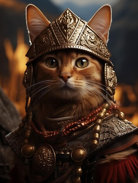 Portrait d'un chat abyssinien portant un casque viking pour un costume de fête nordique Midsumme Pet Photo