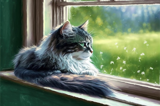 Portrait d'un chat assis près de la fenêtre Peinture d'illustration de style d'art numérique Style de bande dessinée d'un chat près de la fenêtre
