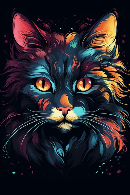 portrait de chat aux couleurs vives sur fond noir avec éclaboussures ai générative