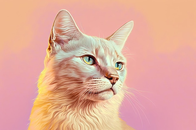 Portrait de chat blanc couleurs rose et or jaune copie espace AI générative