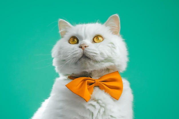 Portrait d'un chat blanc sur un fond bleu.