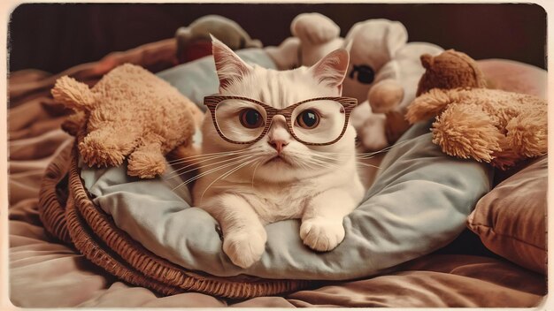 Portrait d'un chat blanc portant des lunettes concept de mode pour animaux de compagnie chat blanc allongé sur le lit