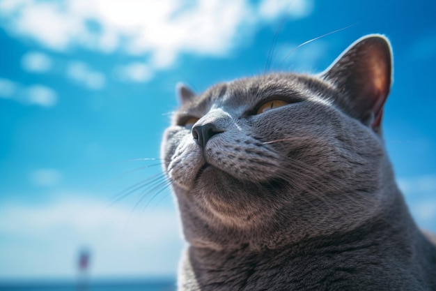 Portrait d'un chat bleu russe sur la plage