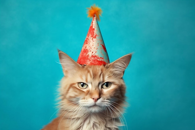 Un portrait de chat avec un chapeau d'anniversaire sur un fond bleu