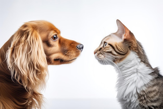 Portrait de chat et de chien en profil sur fond blanc AI générative