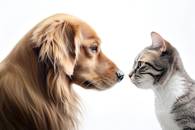 Portrait de chat et de chien de profil sur fond blanc