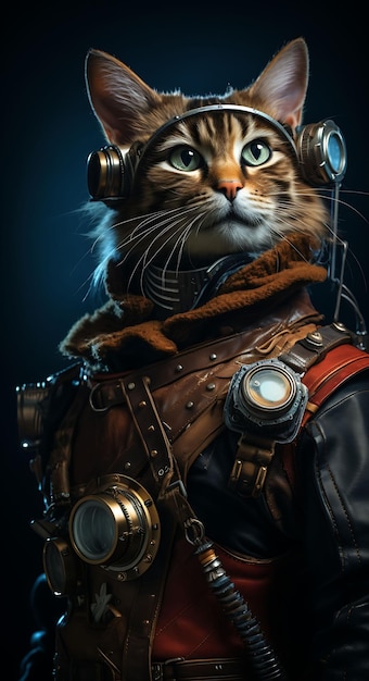 Portrait de chat curieux Toyger Pirate inventeur Costume lunettes outil B Collections d'art animalier