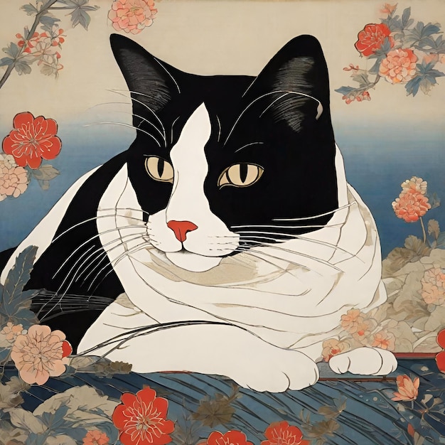 Un portrait de chat dans le style ukiyoe