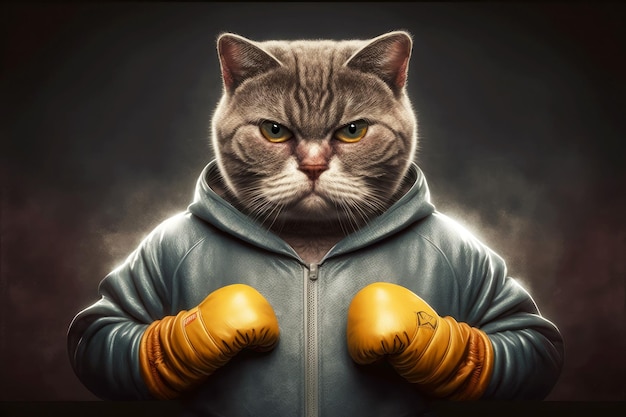 Portrait de chat dans un survêtement et des gants de boxe autour de son cou ai générative