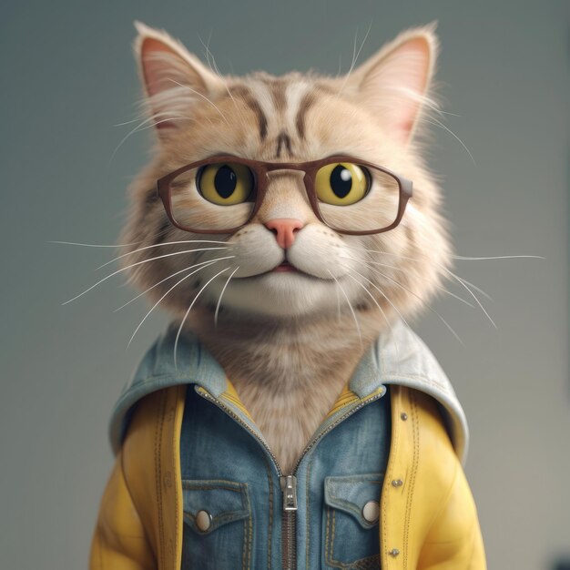 Portrait de chat de dessin animé 3D portant des vêtements lunettes chapeau veste debout devant