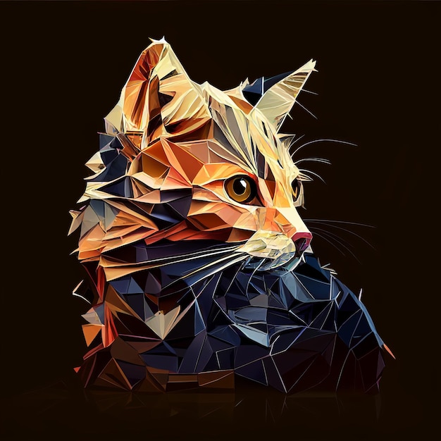 Portrait de chat dessin polygonal sur fond noir AI générative