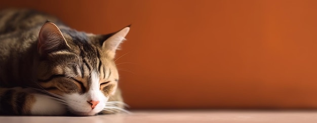 Photo portrait d'un chat domestique endormi fond orange avec espace de copie