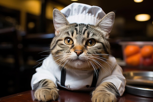 Photo portrait d'un chat domestique gris portant l'uniforme et le chapeau d'un chef