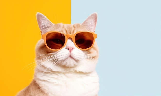 Portrait de chat drôle portant des lunettes de soleil sur fond jaune