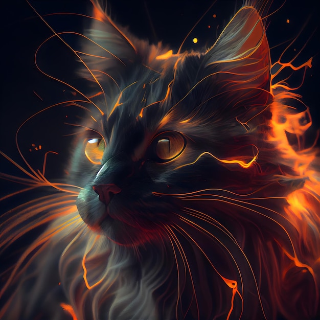 Portrait d'un chat sur un fond sombre avec effet de feu