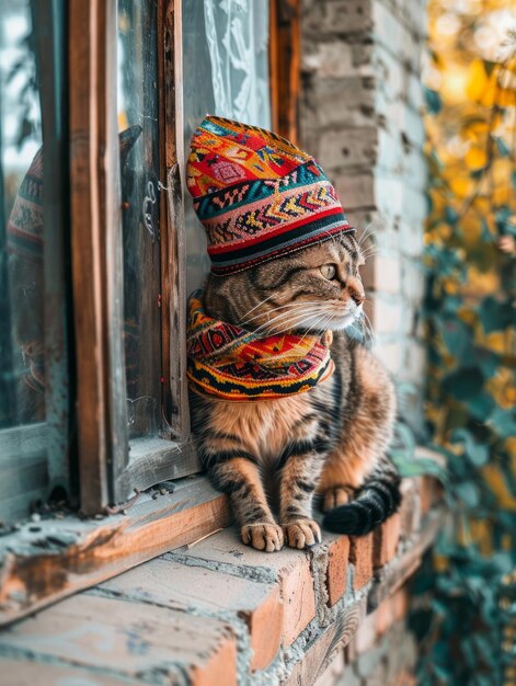 Photo portrait de chat en foulard confortable et veste posant avec élégance portrait d'animal de studio