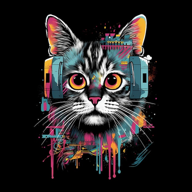 Portrait de chat graffiti néon rétro futuriste illustration numérique avec synthwave Vaporwave Aesthe des années 80