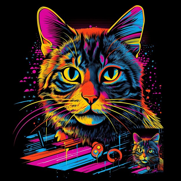 Portrait de chat graffiti néon rétro futuriste illustration numérique avec synthwave Vaporwave Aesthe des années 80