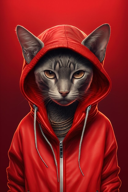 Portrait de chat gris en sweat-shirt rouge avec le capot en regardant la caméra sur fond rouge